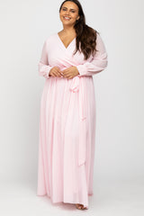 Light Pink Chiffon Long Sleeve Pleated Plus Maternity Maxi Dress