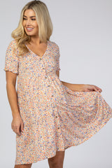 Peach Floral Button Front Maternity Dress