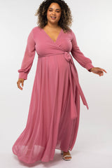 Salmon Chiffon Long Sleeve Pleated Plus Maternity Maxi Dress