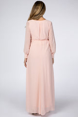 Peach Chiffon Long Sleeve Pleated Maternity Maxi Dress