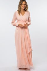 Peach Chiffon Long Sleeve Pleated Maternity Maxi Dress