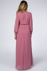 Dusty Mauve Chiffon Long Sleeve Pleated Maternity Maxi Dress