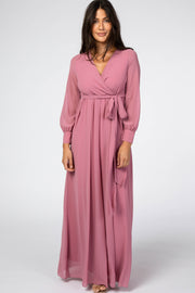 Salmon Chiffon Long Sleeve Pleated Maxi Dress