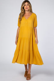 Mustard Tiered Short Sleeve Maternity Midi Dress