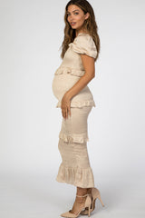 Beige Fitted Smocked Ruffle Accent Maternity Midi Dress