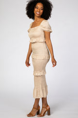 Beige Fitted Smocked Ruffle Accent Midi Dress