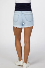 Light Blue Fringe Hem Maternity Jean Shorts