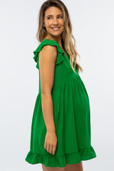 Green Ruffle Hem V-Neck Maternity Dress