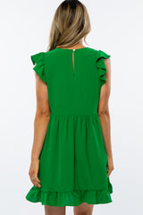 Green Ruffle Hem V-Neck Dress