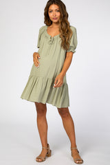 Light Olive Ruffle Puff Sleeve Maternity Dress