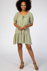 Light Olive Ruffle Puff Sleeve Maternity Dress