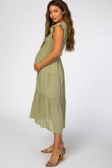 Light Olive Tiered Smocked Maternity Midi Dress