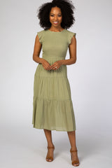 Light Olive Tiered Smocked Maternity Midi Dress