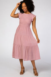 Pink Tiered Smocked Midi Dress