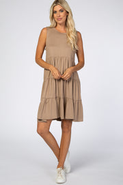 Taupe Soft Knit Pleated Tiered Sleeveless Dress