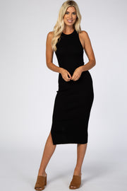 Black Ribbed Fitted Midi Dress