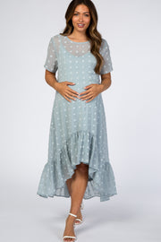 Light Blue Textured High-Low Ruffle Hem Maternity Midi Dress