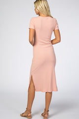 Pink Ribbed Button Front Midi Dress