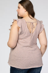 Mauve Striped Ruffle Sleeve Back Tie Maternity Plus Top