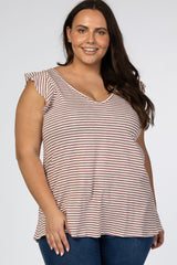 Mauve Striped Ruffle Sleeve Back Tie Maternity Plus Top