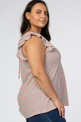 Mauve Striped Ruffle Sleeve Back Tie Plus Top