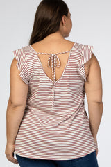 Mauve Striped Ruffle Sleeve Back Tie Plus Top