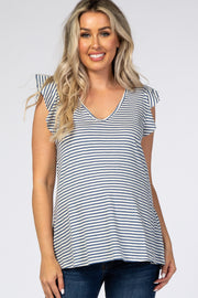 Blue Striped Ruffle Sleeve Back Tie Maternity Top