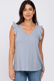 Blue Striped Ruffle Sleeve Back Tie Top