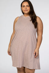 Mauve Striped Mock Neck Sleeveless Plus Dress