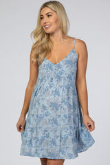 Blue Tropical Floral Print Front Button Maternity Dress