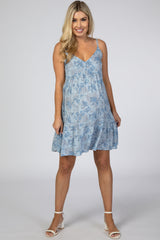 Blue Tropical Floral Print Front Button Maternity Dress