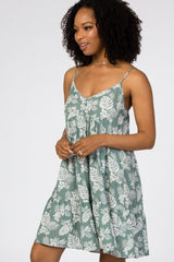 Light Olive Tropical Floral Print Front Button Dress