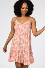 Salmon Tropical Floral Print Front Button Dress