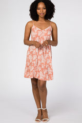 Salmon Tropical Floral Print Front Button Maternity Dress