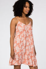 Salmon Tropical Floral Print Front Button Dress