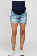 Light Blue Distressed Fringe Hem Maternity Denim Shorts