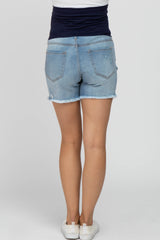 Light Blue Distressed Fringe Hem Maternity Denim Shorts