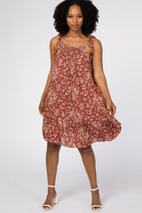 Burgundy Floral Smocked Neckline Maternity Dress