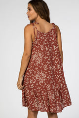 Burgundy Floral Smocked Neckline Maternity Dress