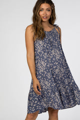 Blue Floral Smocked Neckline Maternity Dress