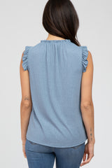 Blue Ruffle Accent High Neck Top