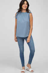 Blue Ruffle Accent High Neck Top