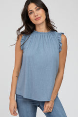 Blue Ruffle Accent High Neck Top