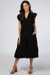 Black Tiered Ruffle Sleeve Midi Dress