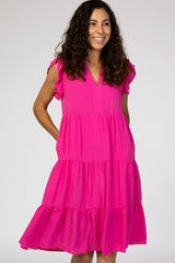 Fuchsia Tiered Ruffle Sleeve Midi Dress