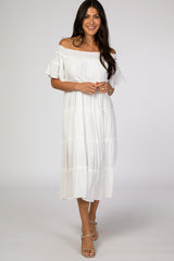 White Off Shoulder Tiered Midi Dress