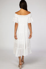 White Off Shoulder Tiered Midi Dress