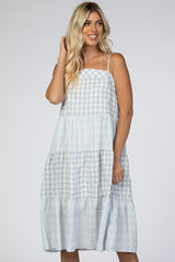 Blue Mixed Plaid Tiered Midi Dress