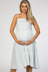 Blue Mixed Plaid Tiered Maternity Midi Dress