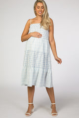 Blue Mixed Plaid Tiered Maternity Midi Dress